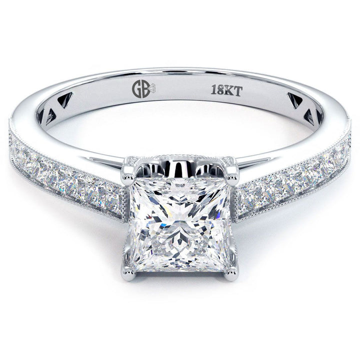 Princess Cut Cathedral Milgrain Channel Set Diamond Engagement Ring Setting (0.70ctw) in 18k White Gold