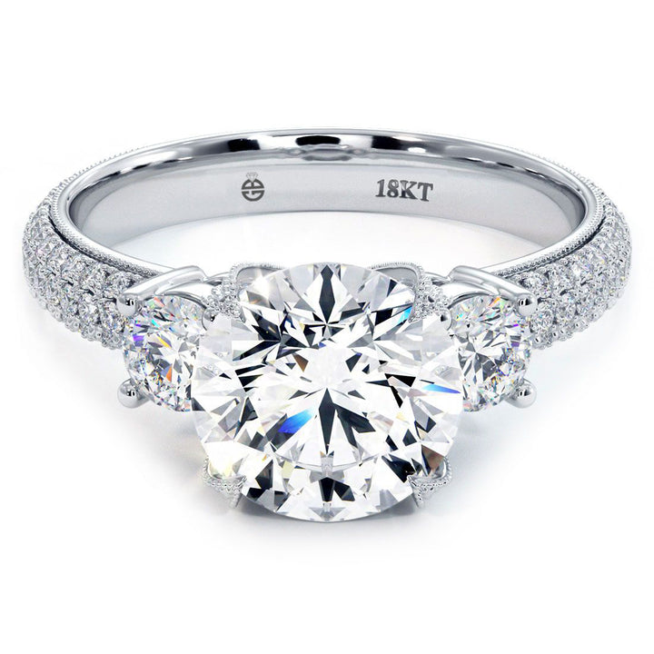Round Center Three Stone Micropavé Eagle Prongs Diamond Engagement Ring Setting (1.12ctw) in 18k White Gold