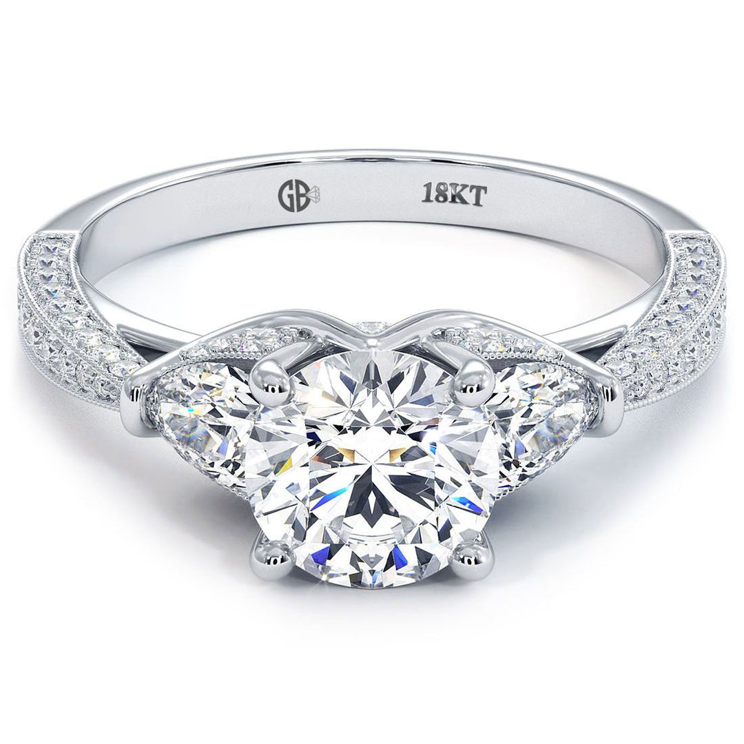 Round Center Three Stone Milgrain Vintage Style Diamond Engagement Ring Setting (0.75ctw) in 18k White Gold