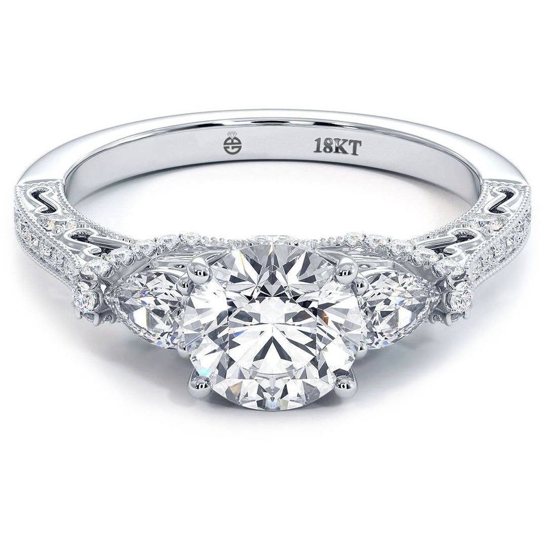 Round Head, Three Stone Ring With 2 Pear Shape Sides And Round Diamonds, Milgrain Vintage Style Diamond Engagement Ring Setting (0.70ctw) in 18k White Gold
