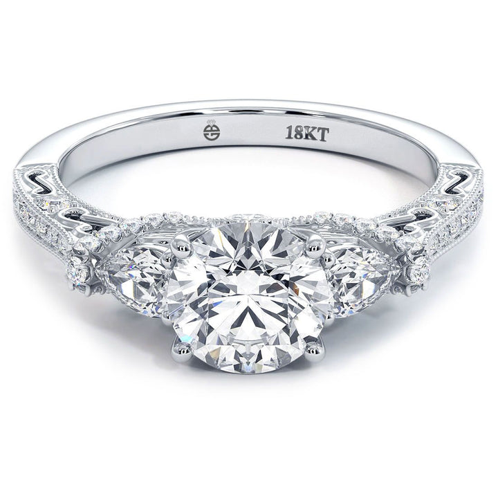 Round Head, Three Stone Ring With 2 Pear Shape Sides And Round Diamonds, Milgrain Vintage Style Diamond Engagement Ring Setting (0.70ctw) in 18k White Gold