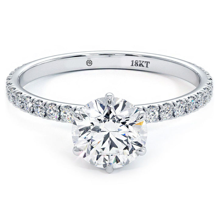 6 Prong Head for Round Cut Center, Petite Micropave Diamond Shank, Engagement Ring Setting (0.30ctw) in 18k White Gold