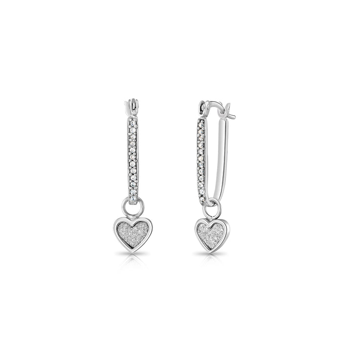 Sterling Silver Dangling Glitter Heart Oval Hoop