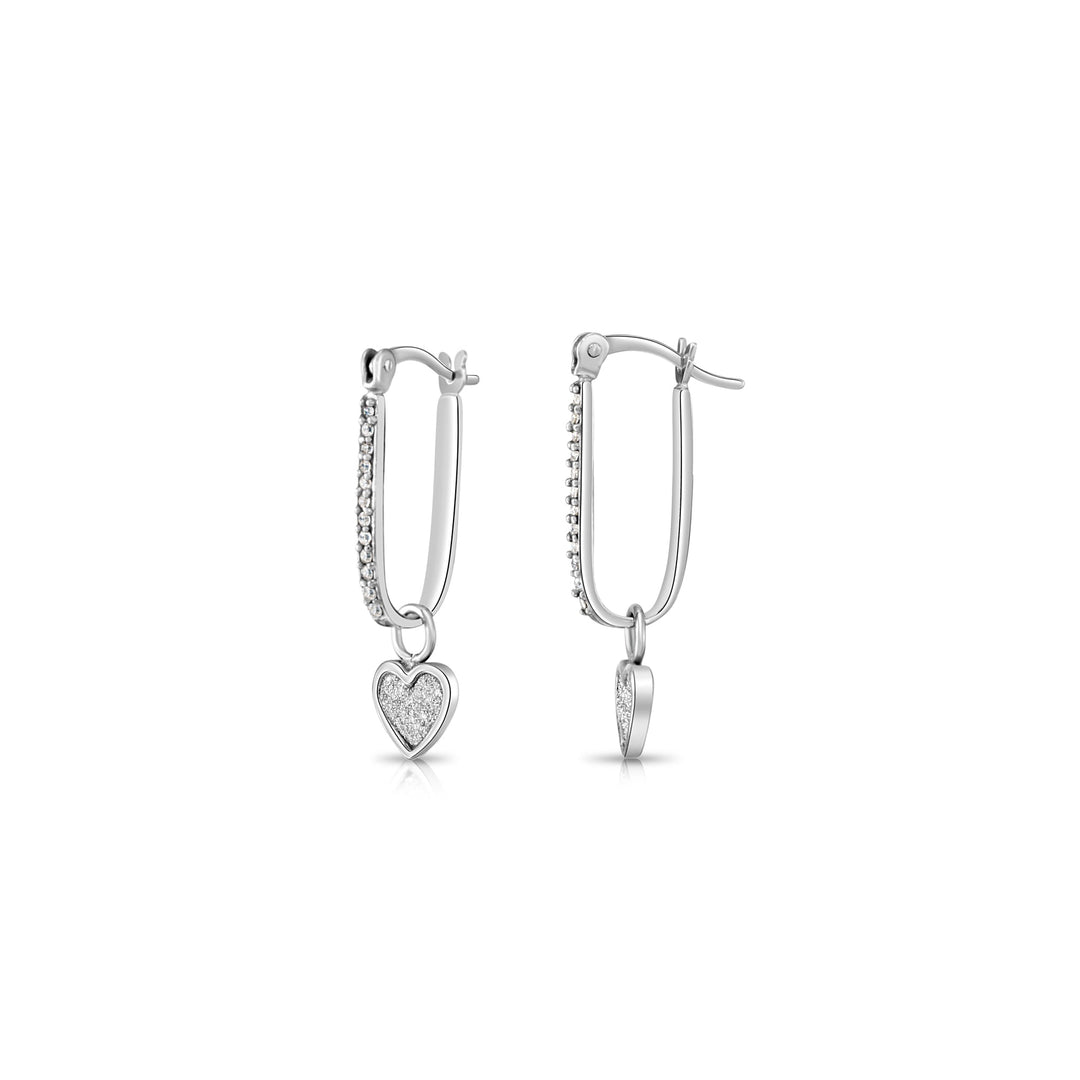 Sterling Silver Dangling Glitter Heart Oval Hoop