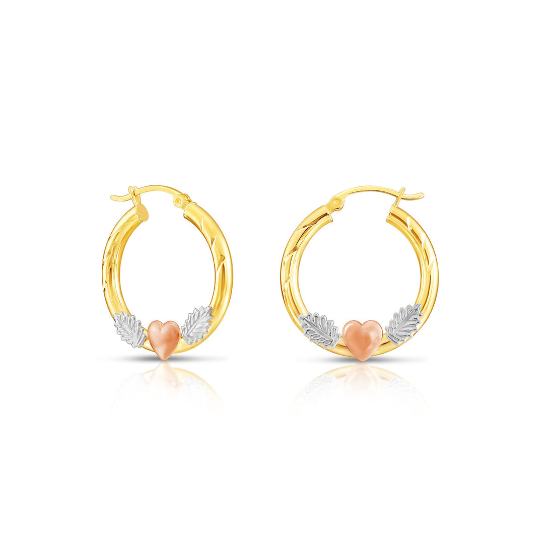 14K Tri-Color Gold Diamond Cut Heart Hoop Earrings, Flat Bar