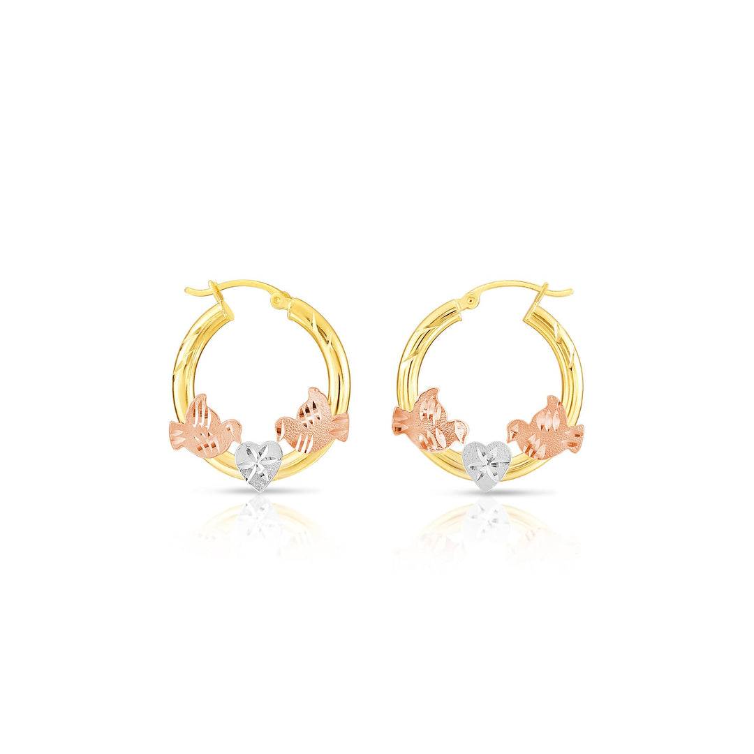 14K Gold Tri-Color Hoop with Birds and Diamond Cut Design, Flat Bar