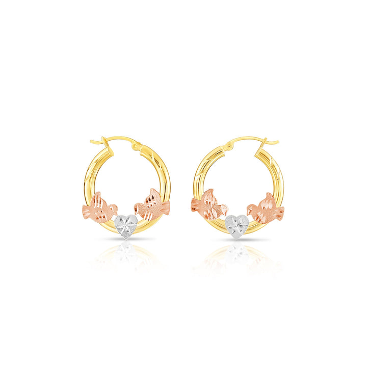 14K Gold Tri-Color Hoop with Birds and Diamond Cut Design, Flat Bar