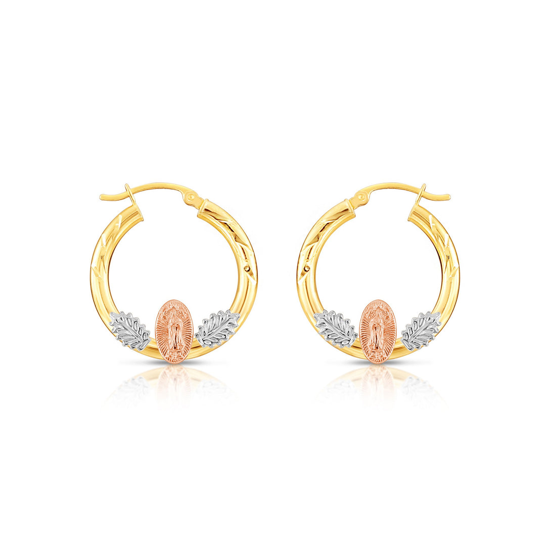 14k Tri Color Gold Hoop with Guadeloupe and Diamond Cut, Flat Bar
