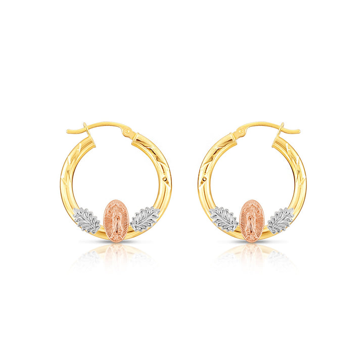 14k Tri Color Gold Hoop with Guadeloupe and Diamond Cut, Flat Bar