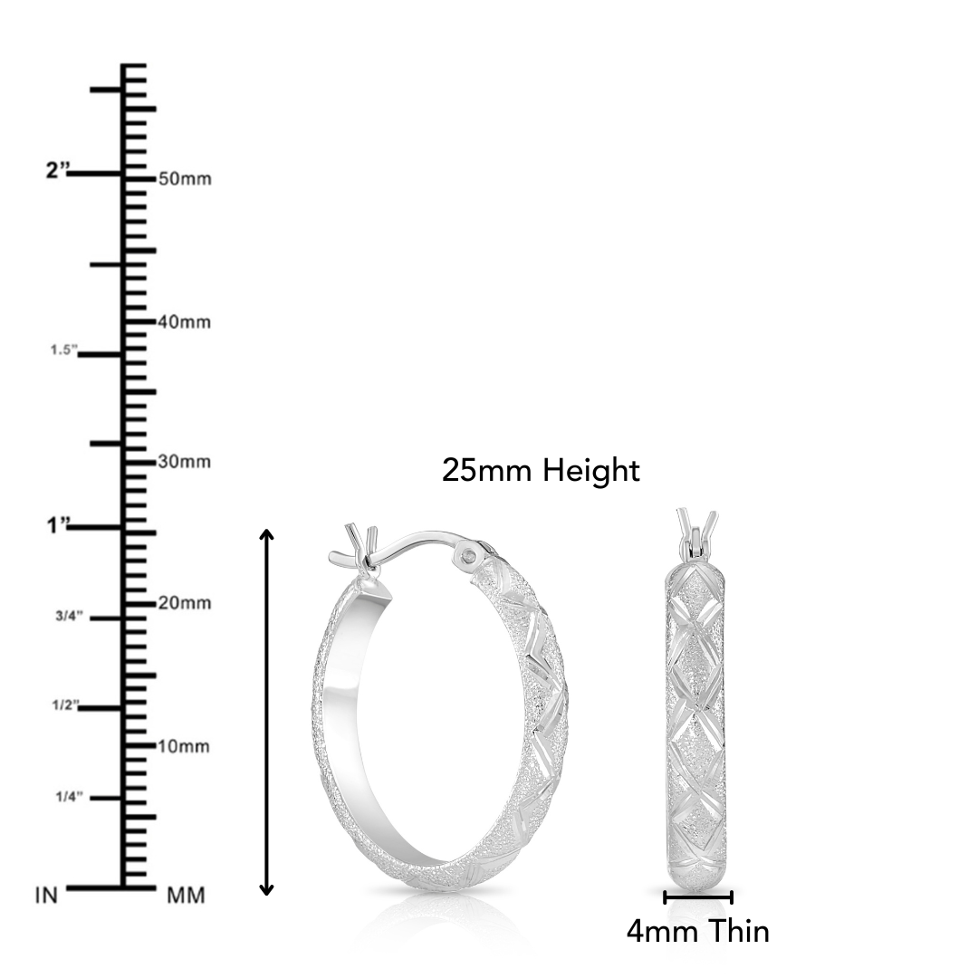 925 Sterling Silver  Diamond Cut X Pattern Oval Hoops