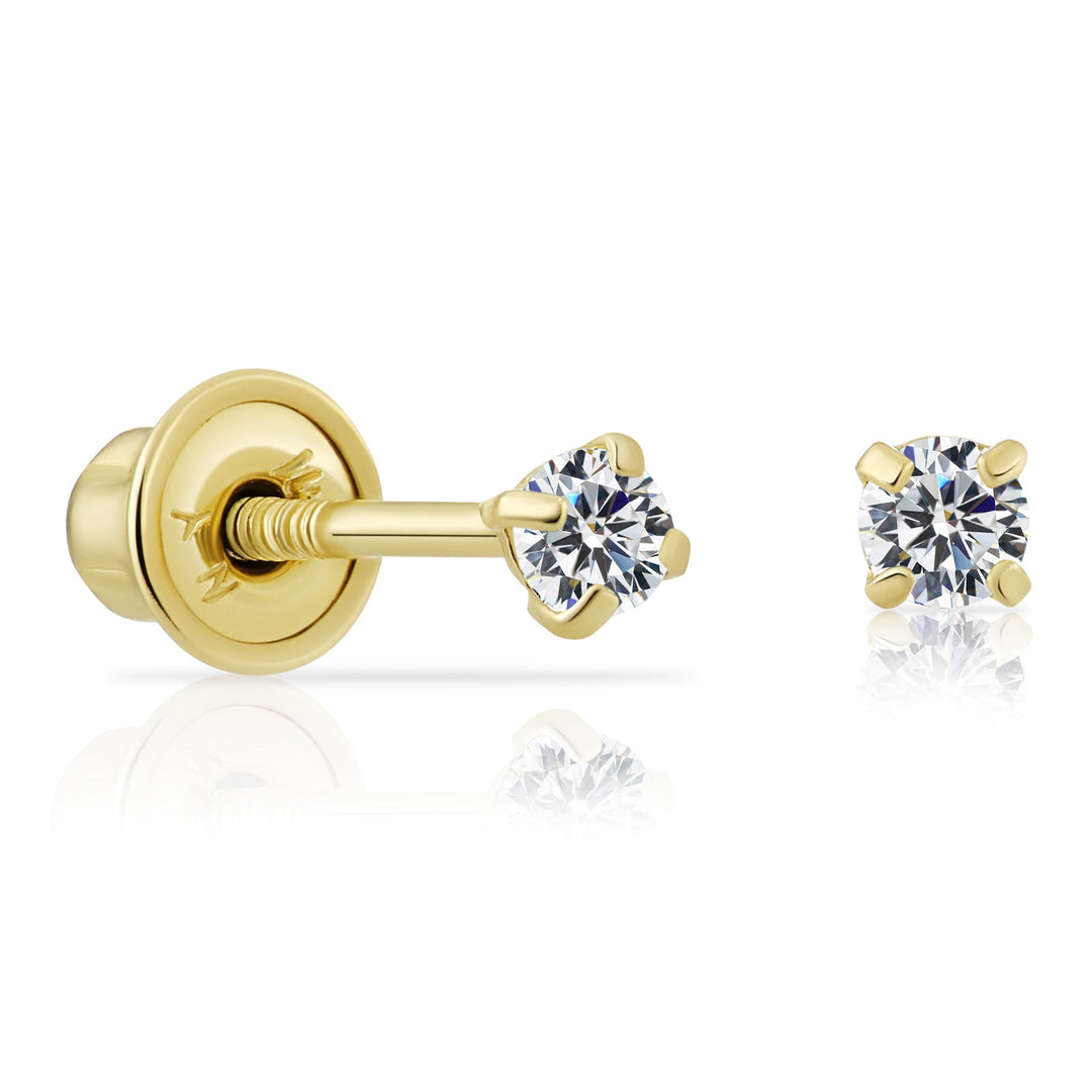 14k Yellow Gold Round Solitaire Cubic Zirconia Stud Earrings - Screwback