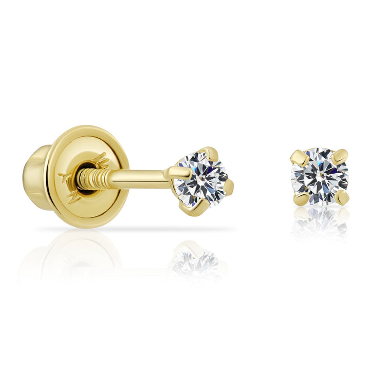 14k Yellow Gold Round Solitaire Cubic Zirconia Stud Earrings - Screwback
