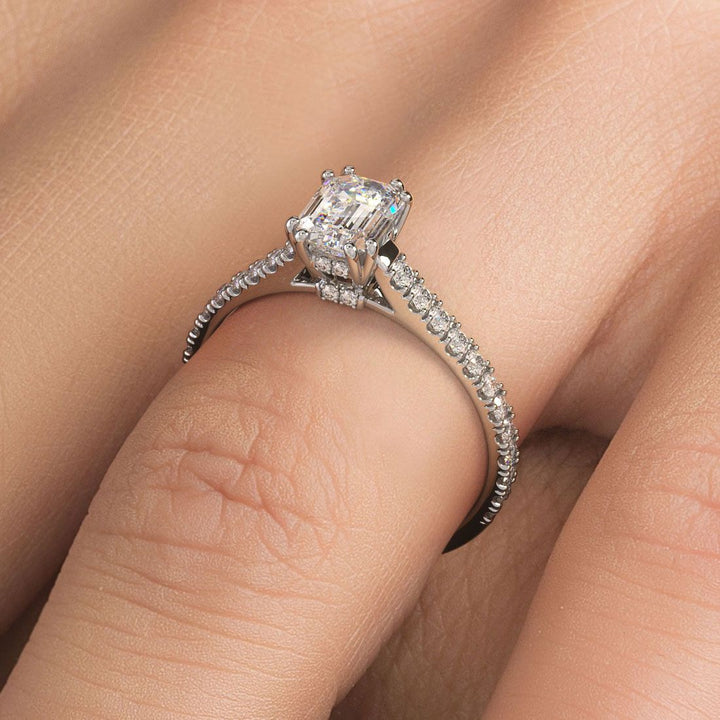 Emerald Cut Head, Double Prongs, Diamonds Under The Head, Petite Micropave Diamond Cathedral Shank, Engagement Ring Setting (0.35ctw) in 18k White Gold