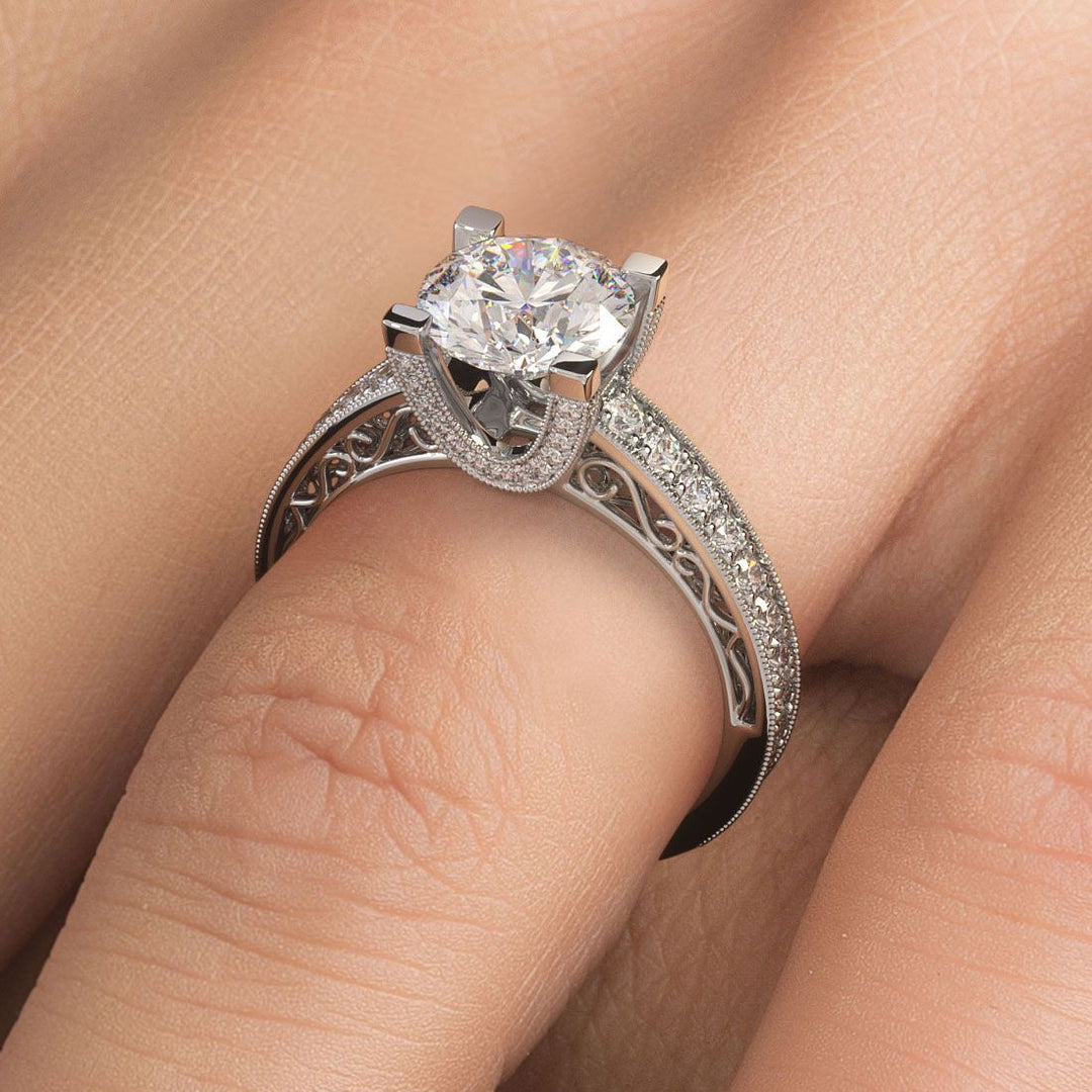 Round Head, Filigree U Shape Prongs Vintage Style Diamond Engagement Ring Setting (0.63ctw) in 18k White Gold
