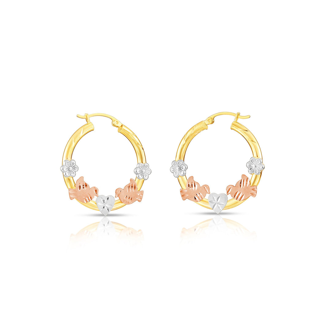 14K Gold Tri-Color Hoop with Birds and Diamond Cut Design, Flat Bar