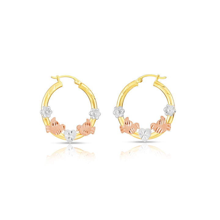 14K Gold Tri-Color Hoop with Birds and Diamond Cut Design, Flat Bar