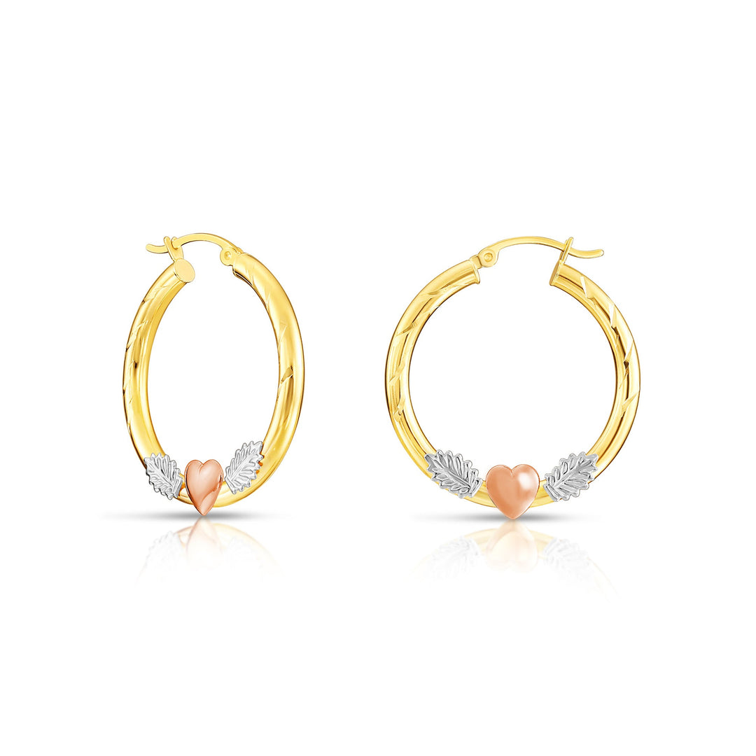 14K Tri-Color Gold Diamond Cut Heart Hoop Earrings, Flat Bar