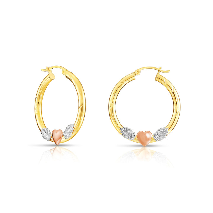 14K Tri-Color Gold Diamond Cut Heart Hoop Earrings, Flat Bar