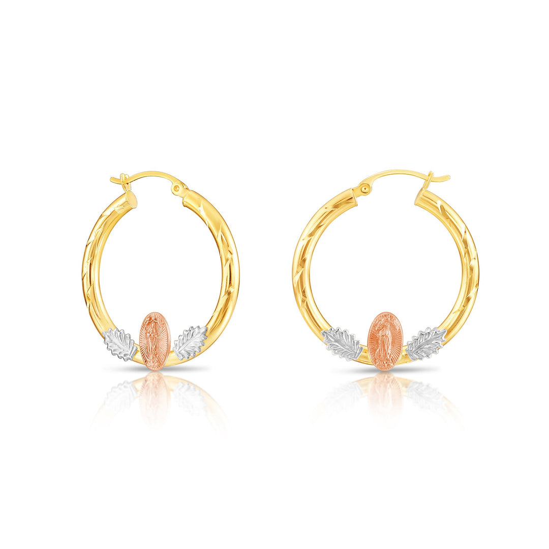14k Tri Color Gold Hoop with Guadeloupe and Diamond Cut, Flat Bar