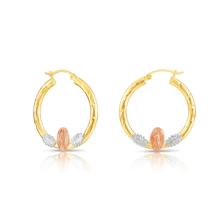 14k Tri Color Gold Hoop with Guadeloupe and Diamond Cut, Flat Bar