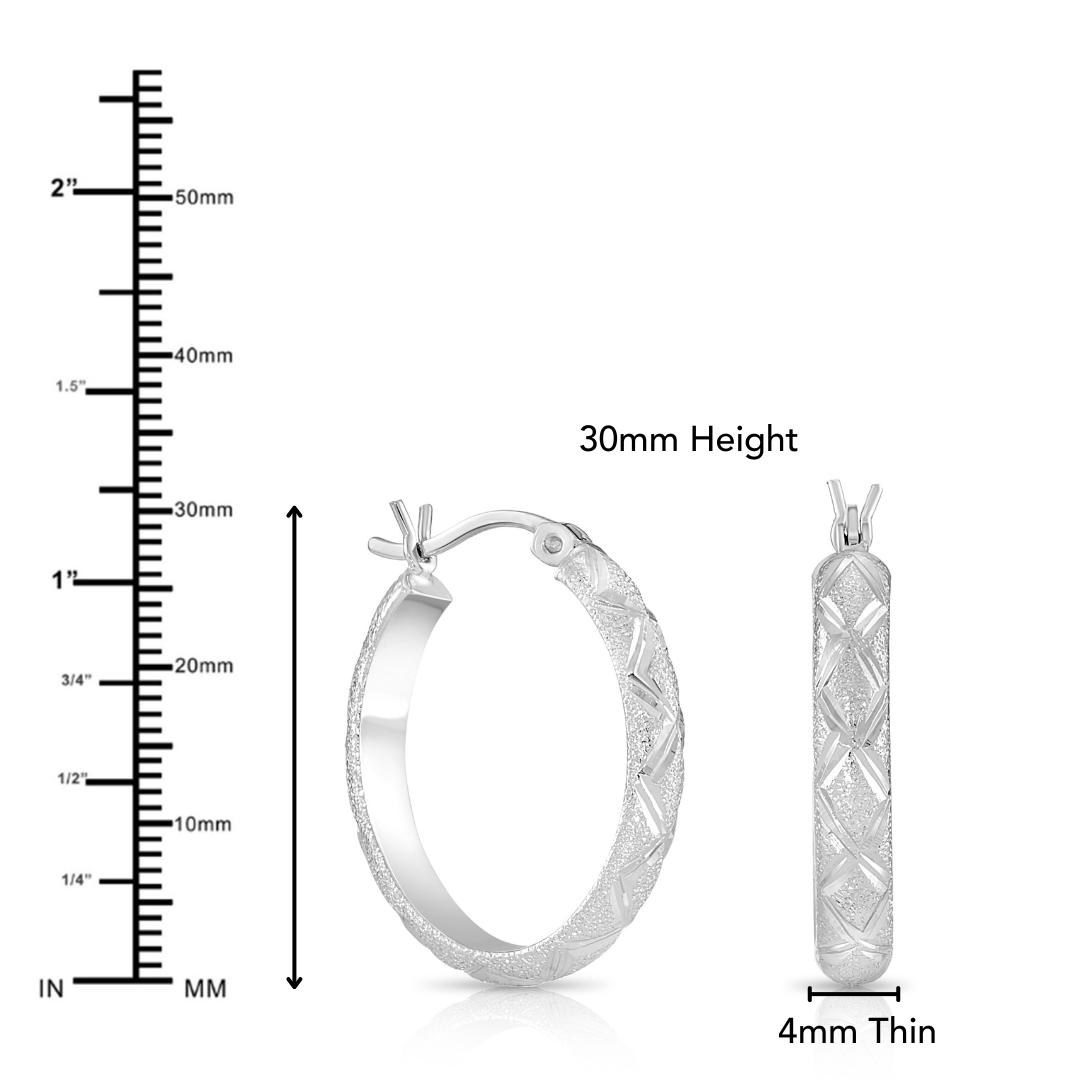 925 Sterling Silver Diamond Cut X Pattern Oval Hoops