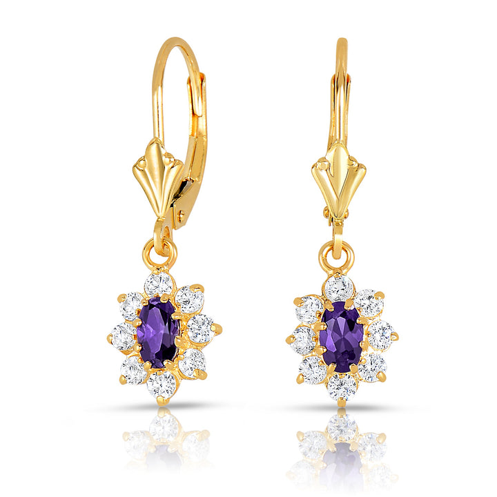 14k Yellow Gold Cubic Zirconia Birthstone Dangle Flower Earrings, Leverback