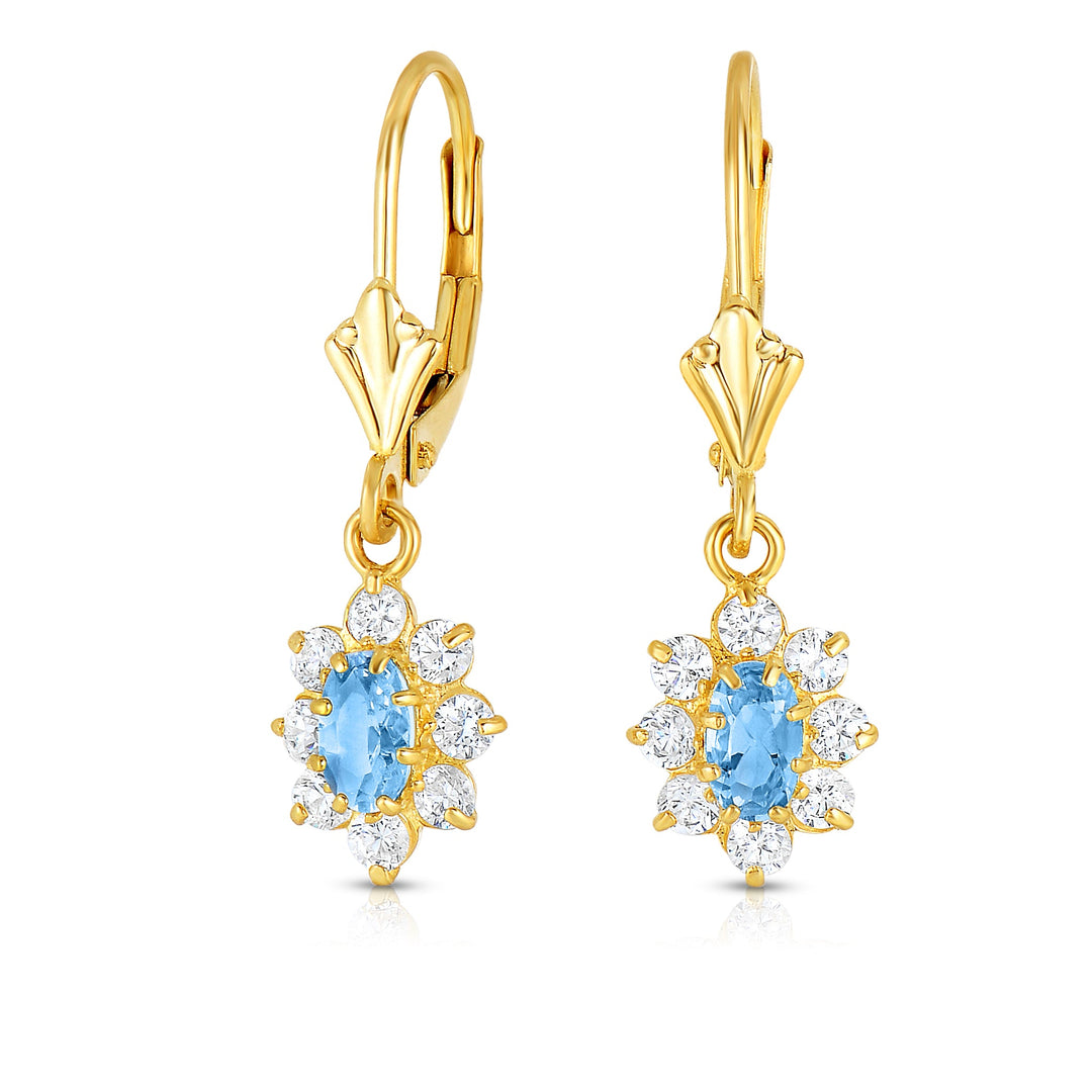 14k Yellow Gold Cubic Zirconia Birthstone Dangle Flower Earrings, Leverback