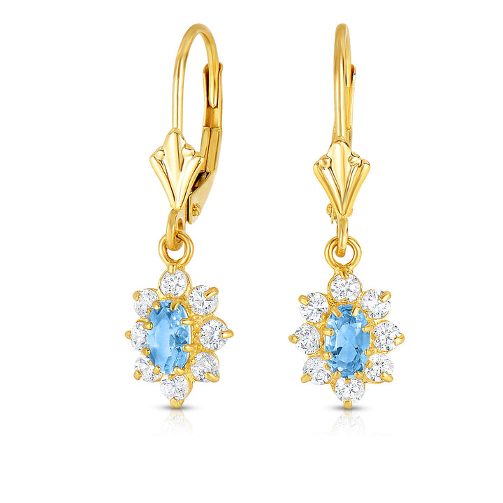 14k Yellow Gold Cubic Zirconia Birthstone Dangle Flower Earrings, Leverback