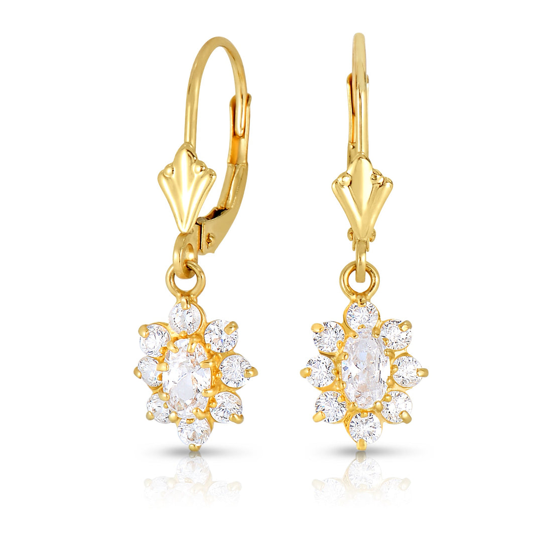 14k Yellow Gold Cubic Zirconia Birthstone Dangle Flower Earrings, Leverback