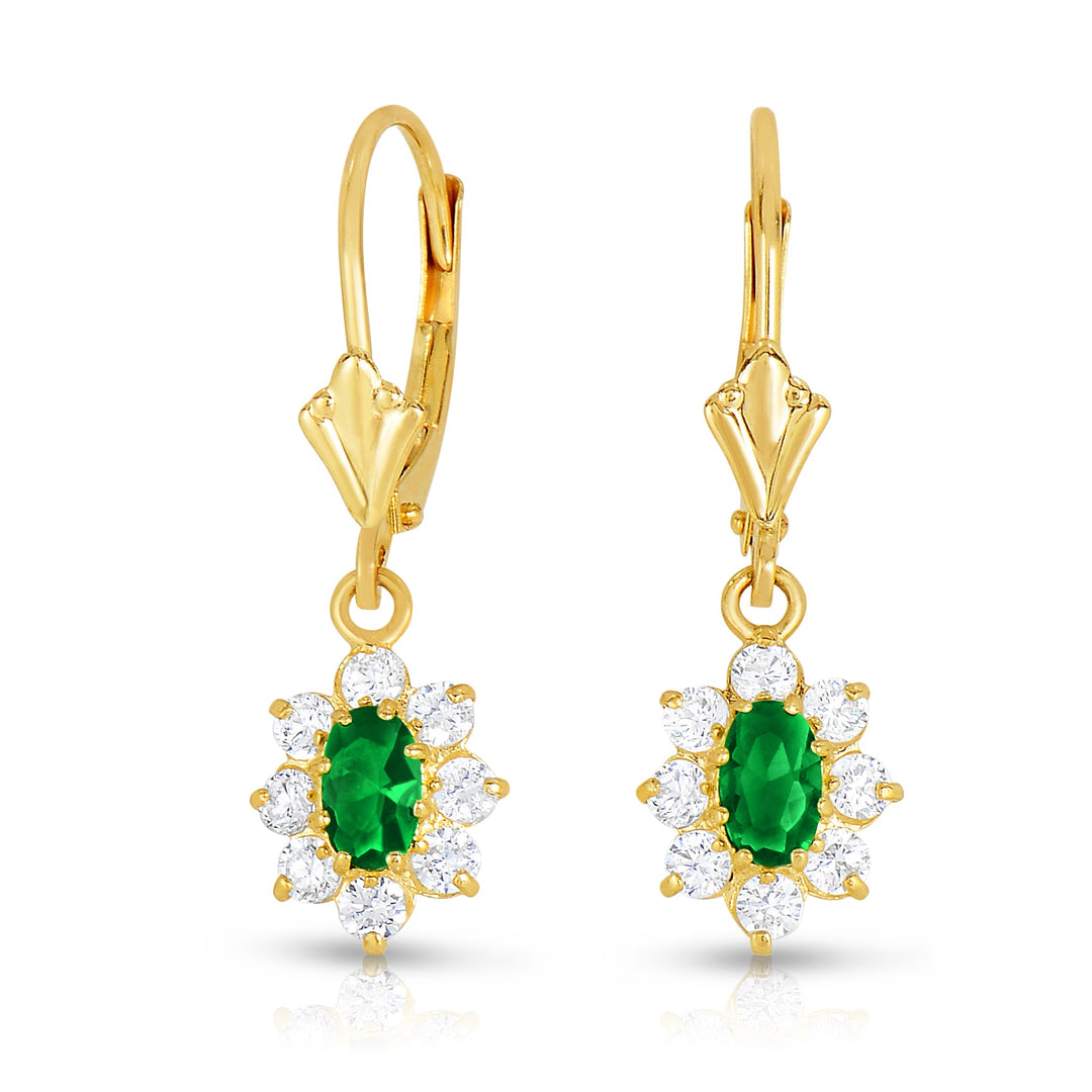 14k Yellow Gold Cubic Zirconia Birthstone Dangle Flower Earrings, Leverback