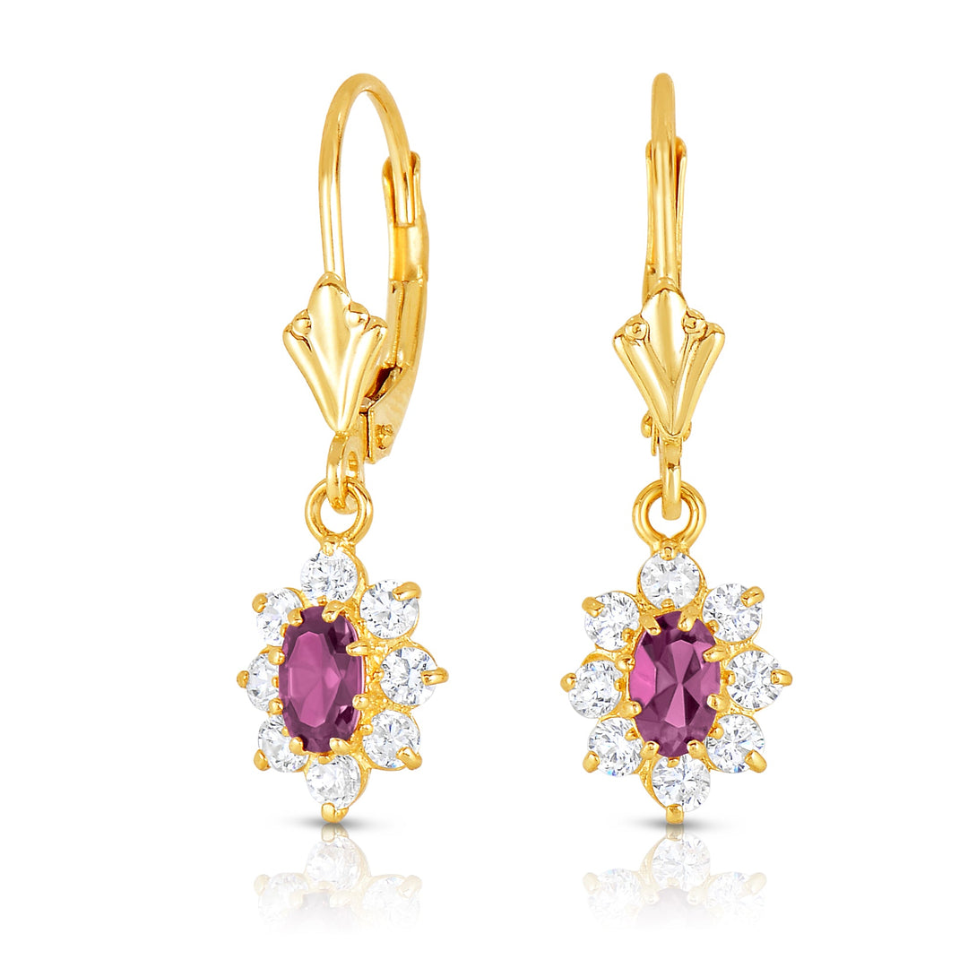 14k Yellow Gold Cubic Zirconia Birthstone Dangle Flower Earrings, Leverback