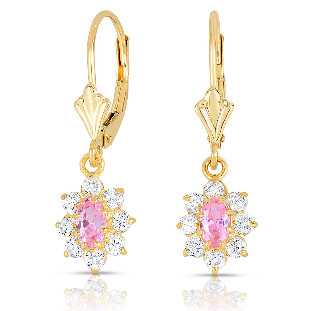 14k Yellow Gold Cubic Zirconia Birthstone Dangle Flower Earrings, Leverback