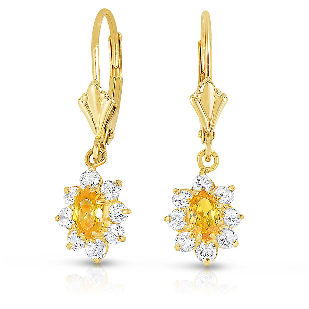 14k Yellow Gold Cubic Zirconia Birthstone Dangle Flower Earrings, Leverback