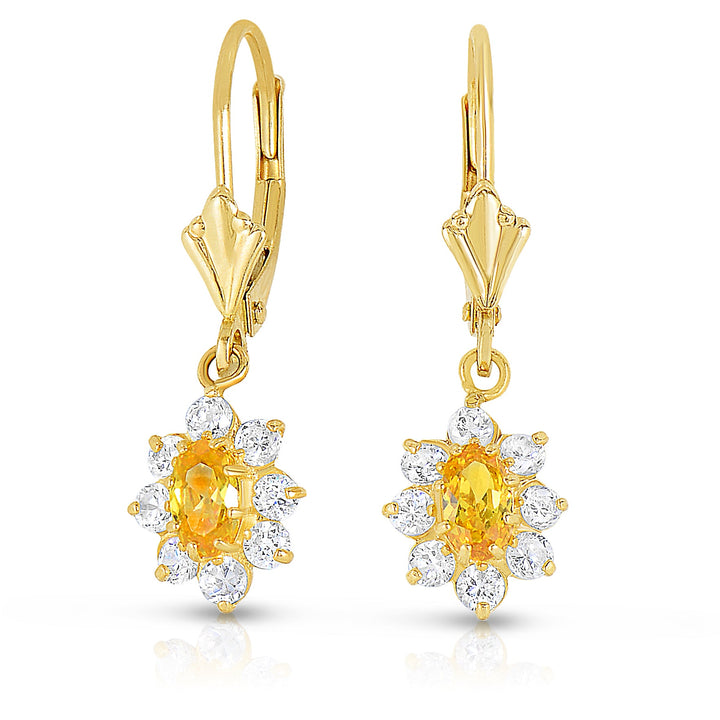 14k Yellow Gold Cubic Zirconia Birthstone Dangle Flower Earrings, Leverback