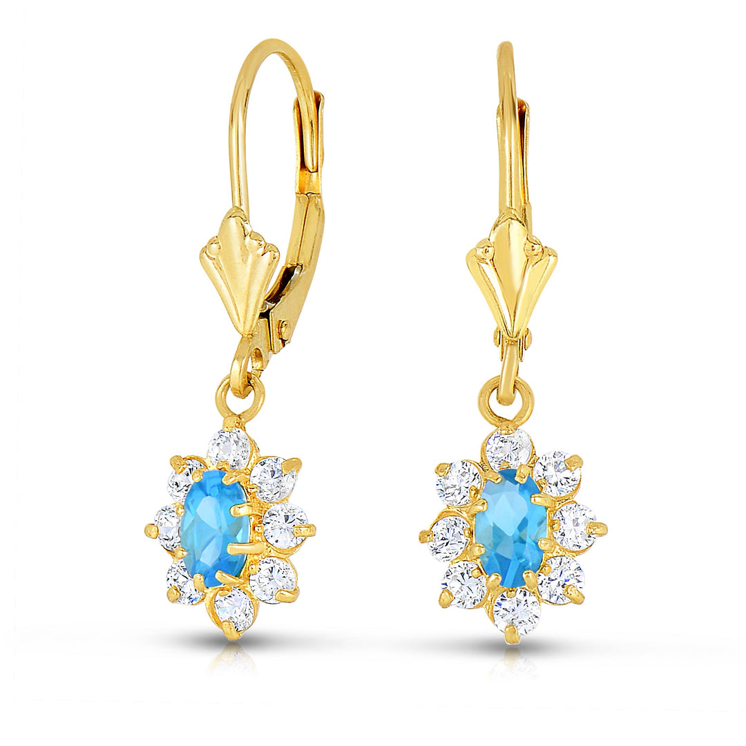 14k Yellow Gold Cubic Zirconia Birthstone Dangle Flower Earrings, Leverback