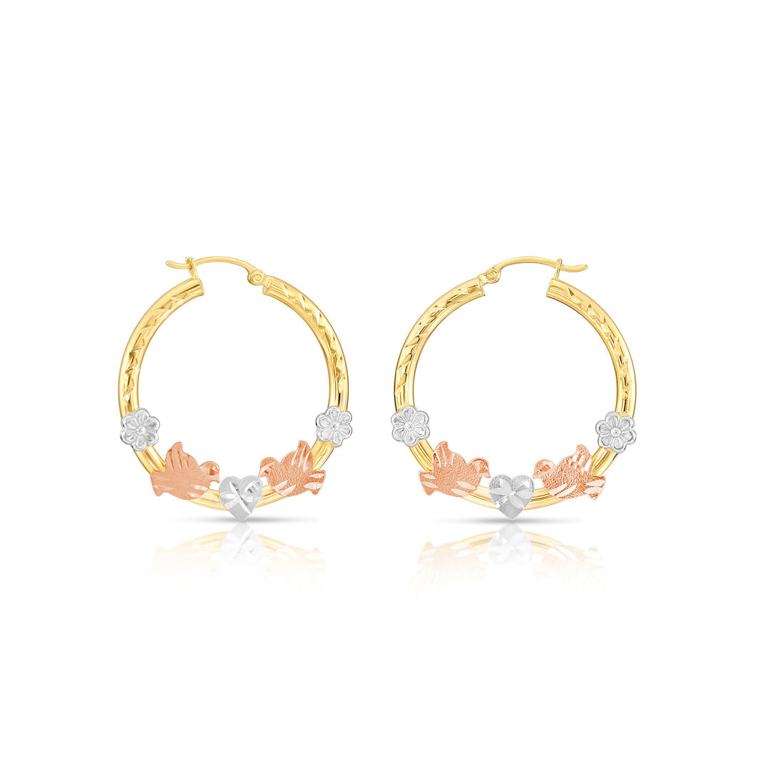 14K Gold Tri-Color Hoop with Birds and Diamond Cut Design, Flat Bar