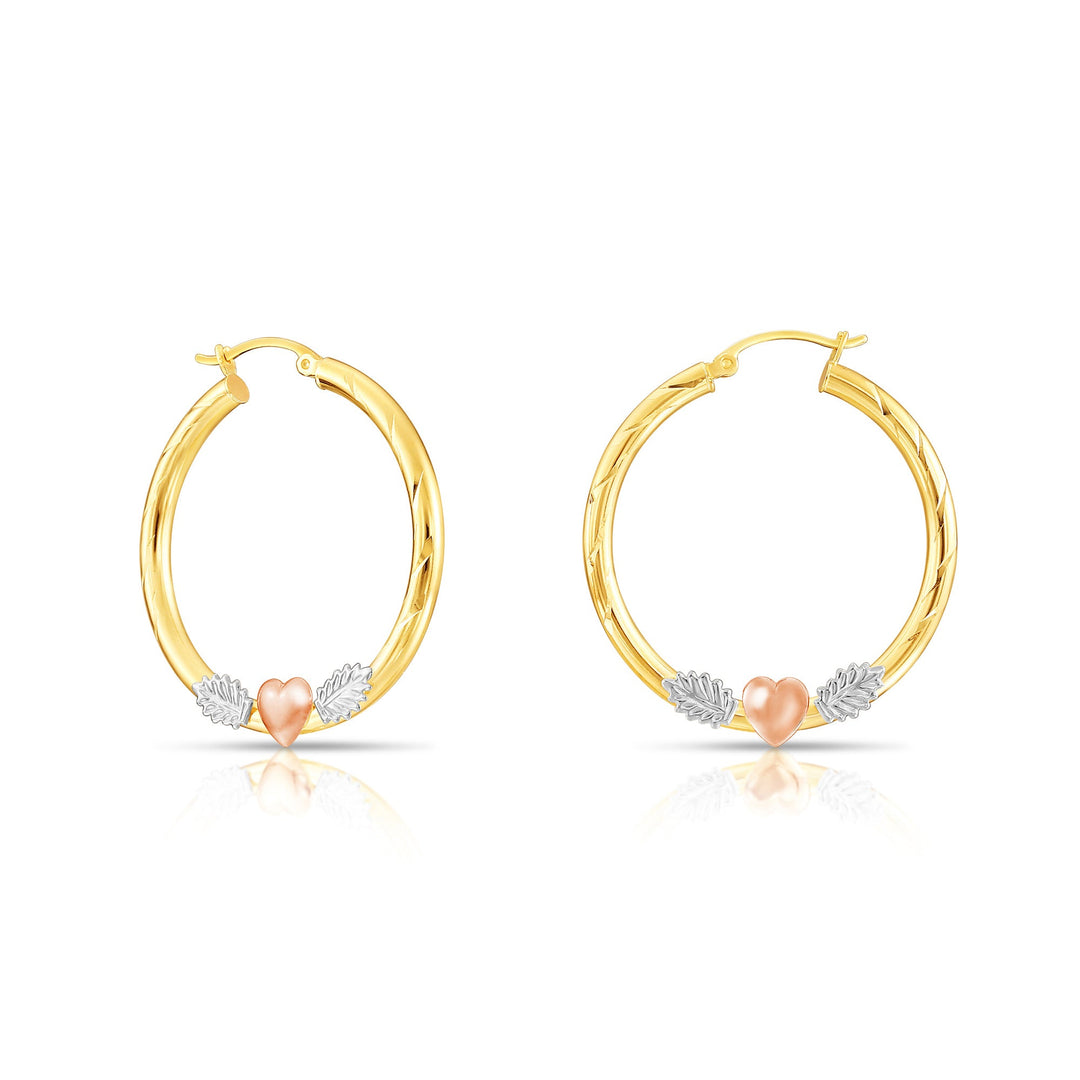 14K Tri-Color Gold Diamond Cut Heart Hoop Earrings, Flat Bar