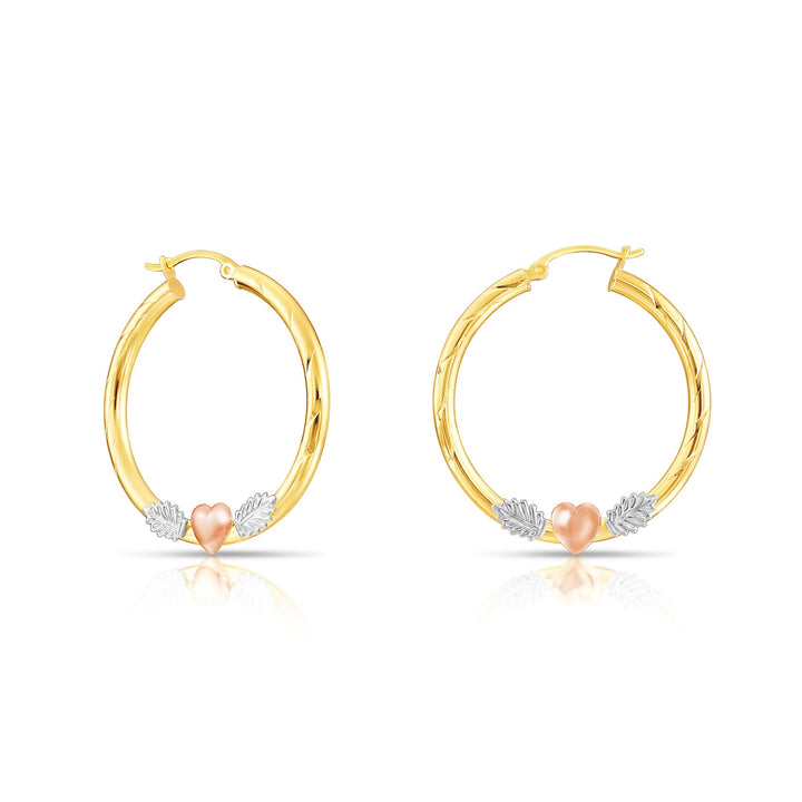 14K Tri-Color Gold Diamond Cut Heart Hoop Earrings, Flat Bar