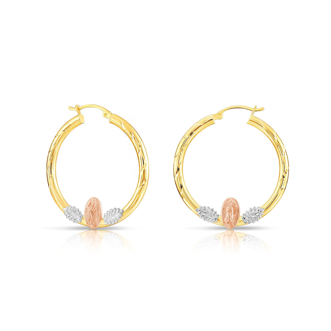 14k Tri Color Gold Hoop with Guadeloupe and Diamond Cut, Flat Bar