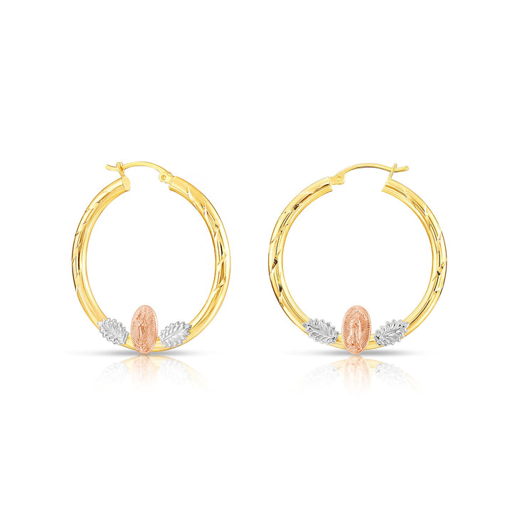14k Tri Color Gold Hoop with Guadeloupe and Diamond Cut, Flat Bar