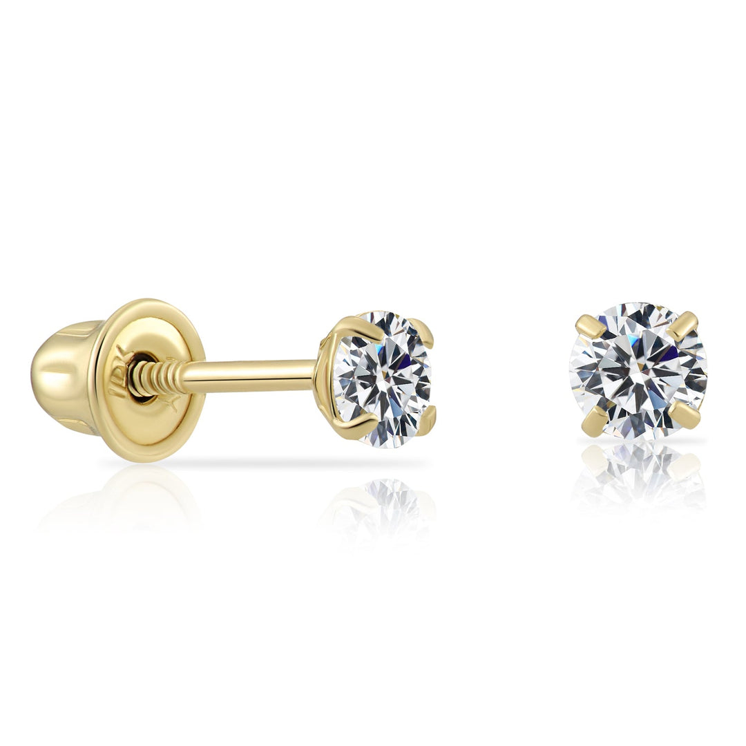 10K Yellow Gold Solitaire Round Cubic Zirconia Stud Earrings - Screwback