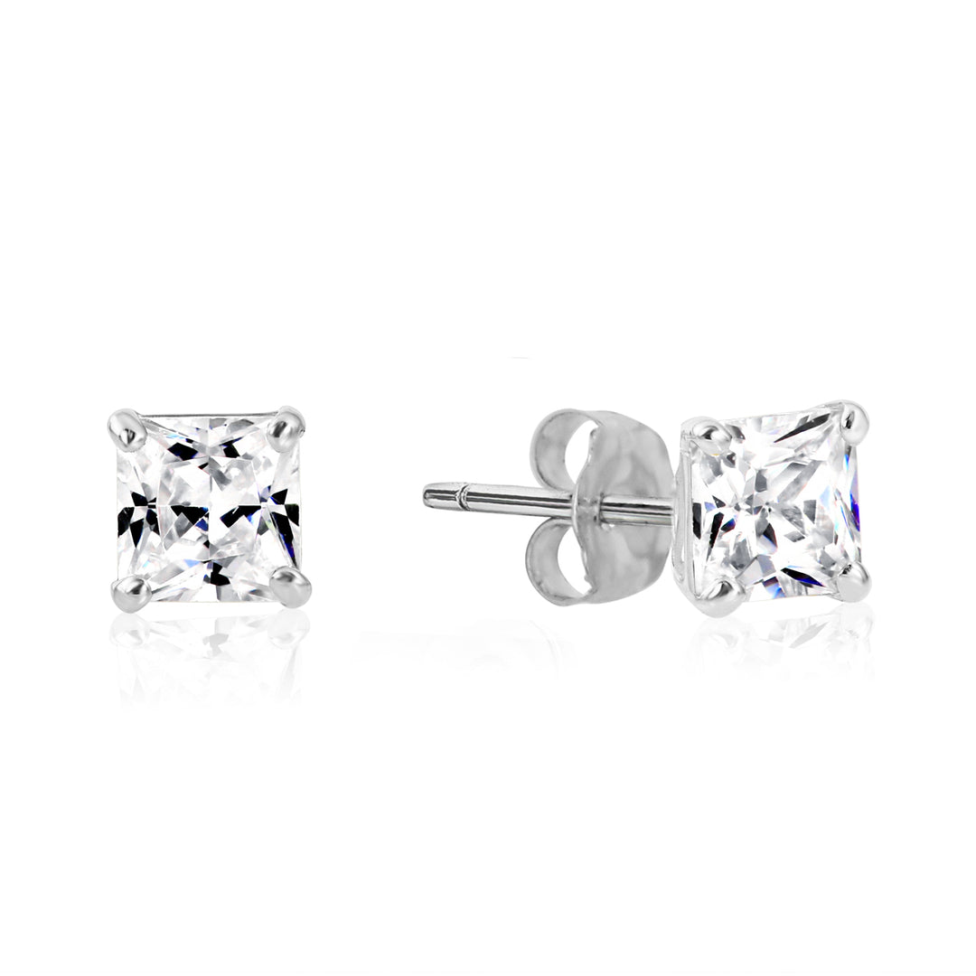 925 Sterling Silver 4 Prong Square Princess Solitaire Cubic Zirconia Studs - Pushback