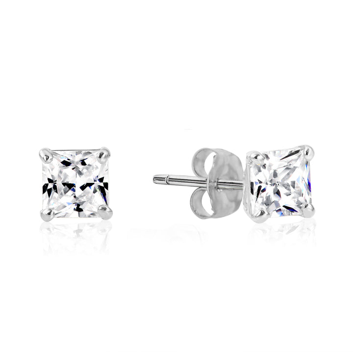 925 Sterling Silver 4 Prong Square Princess Solitaire Cubic Zirconia Studs - Pushback
