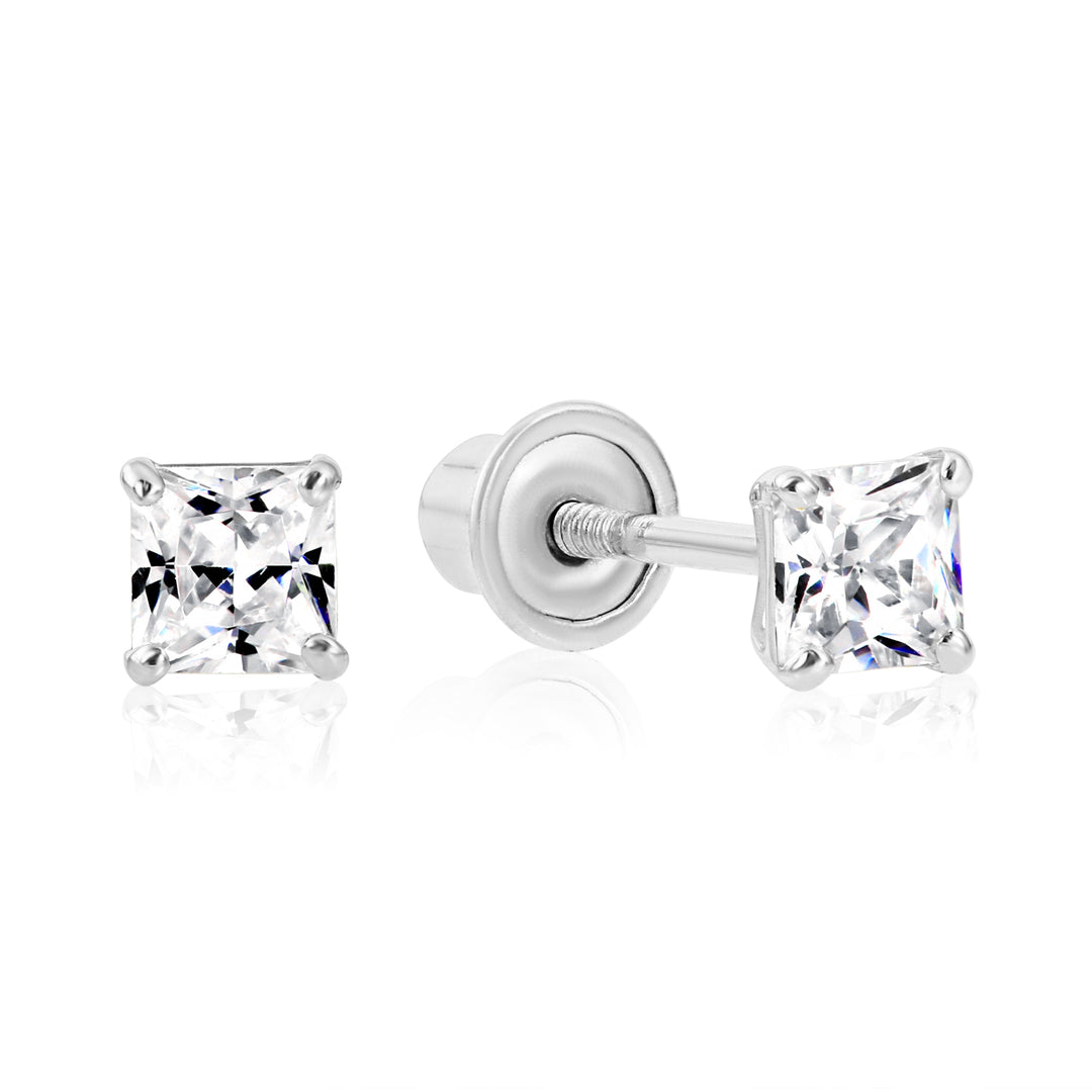 14k White Gold Cubic Zirconia Square Princess-Cut Stud Earrings, Screwback