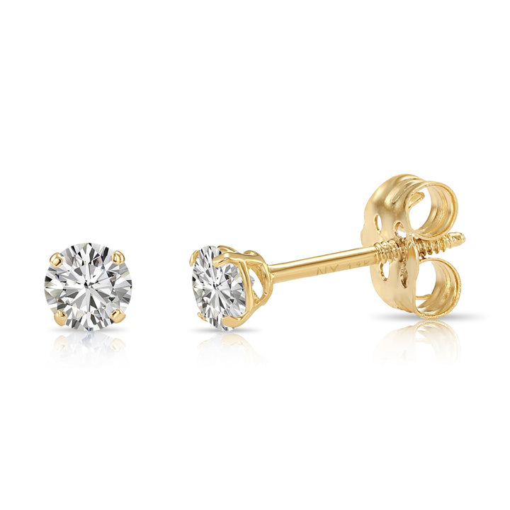 925 Yellow Tone Sterling Silver 4 Prong Solitaire Cubic Zirconia Studs - Pushback