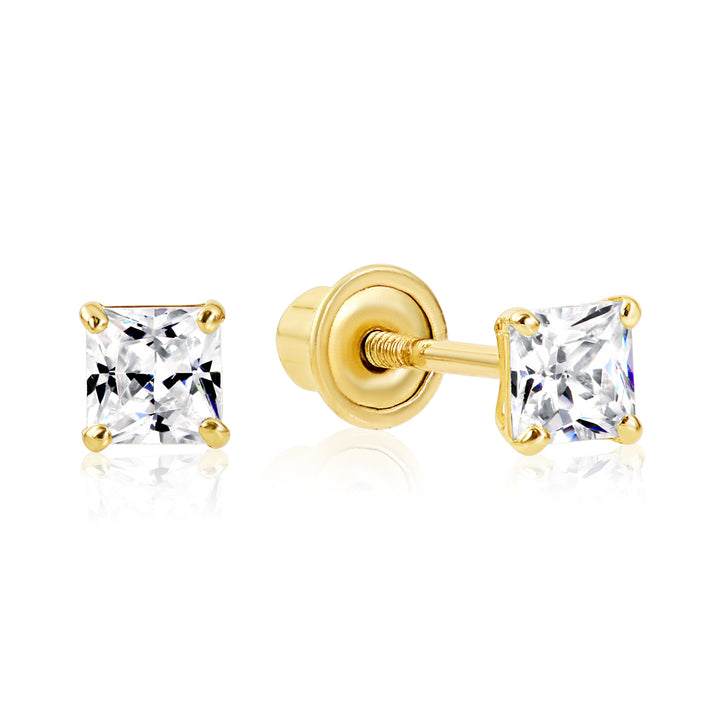 14k Yellow Gold Square Cubic Zirconia Stud Earrings - Screwback