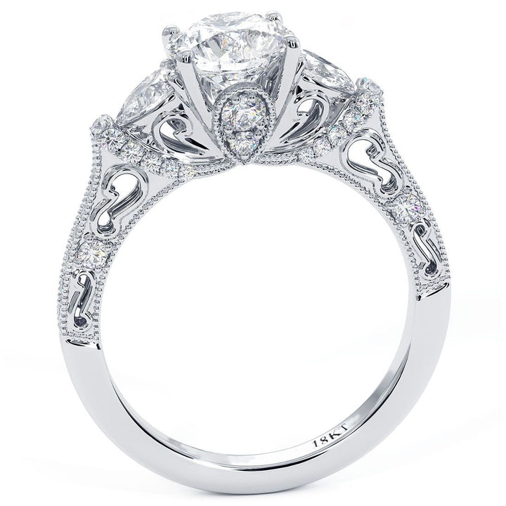 Round Head, Three Stone Ring With 2 Pear Shape Sides And Round Diamonds, Milgrain Vintage Style Diamond Engagement Ring Setting (0.70ctw) in 18k White Gold