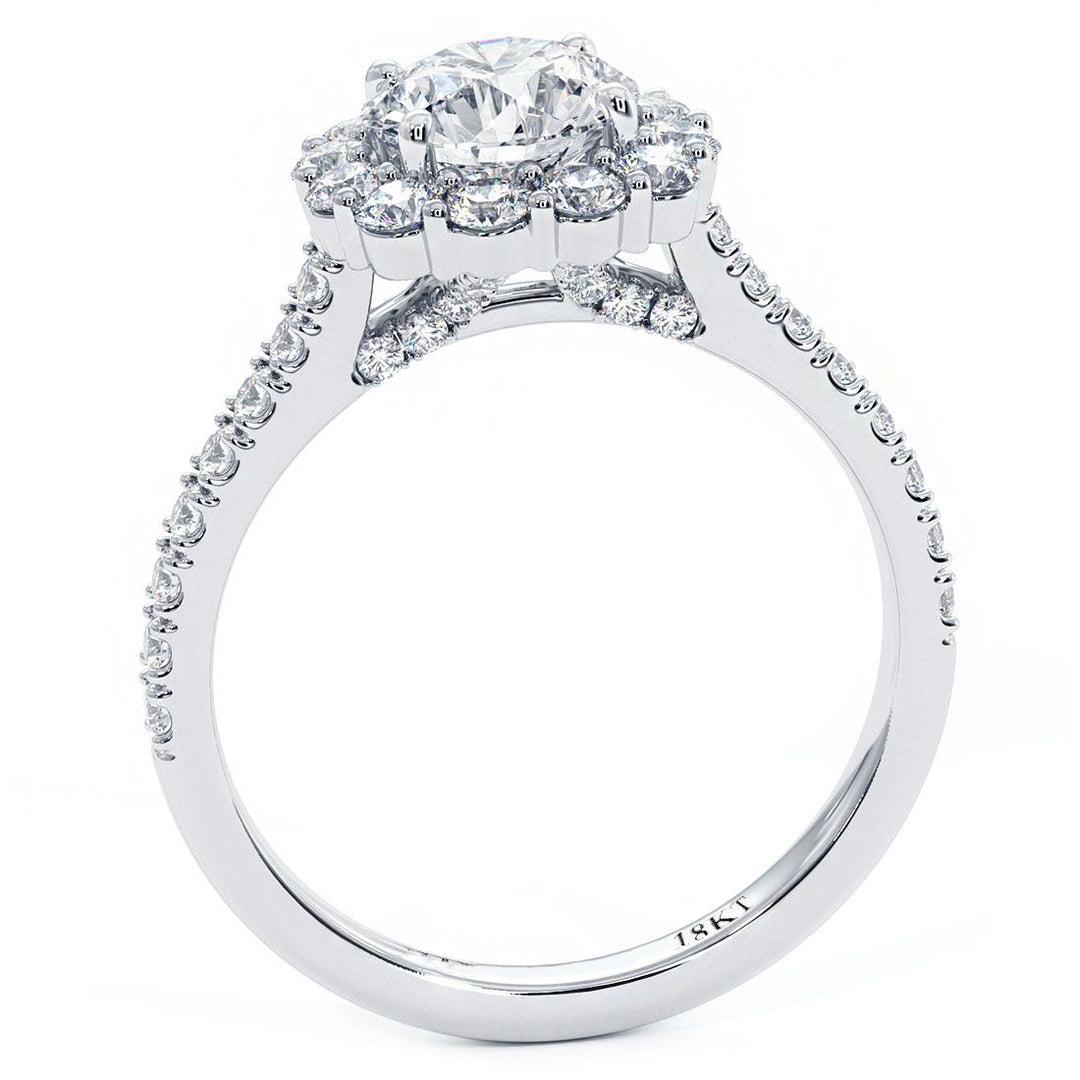 Round Halo, Floral Shape, Cathedral Diamond Shank, Diamonds On The Bridge, Engagement Ring Setting (0.90ctw) in 18k White Gold