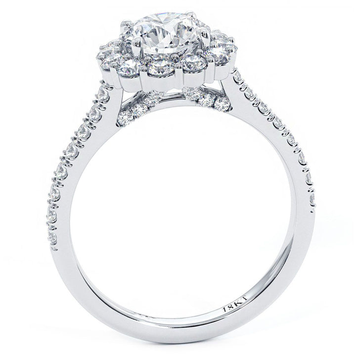 Round Halo, Floral Shape, Cathedral Diamond Shank, Diamonds On The Bridge, Engagement Ring Setting (0.90ctw) in 18k White Gold