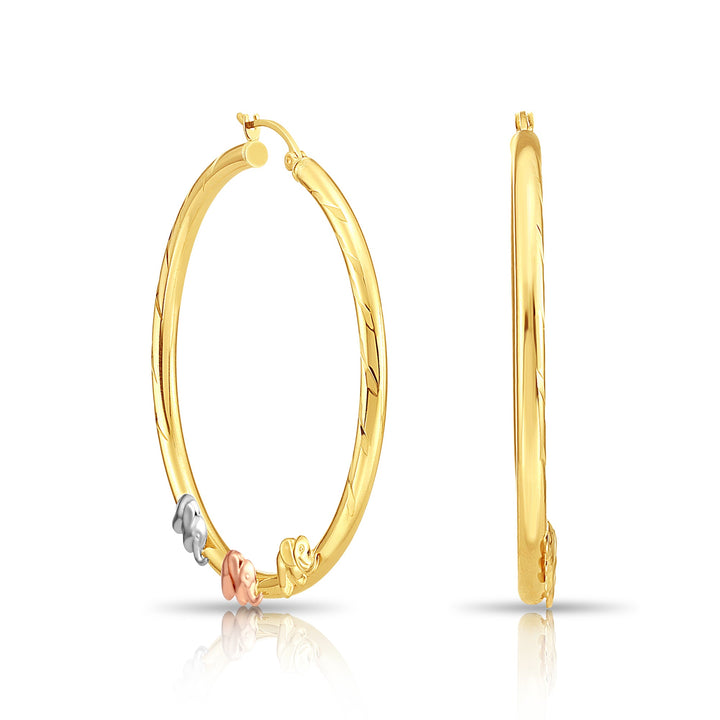 14K Gold Tri-Color Elephant Style Hoop, Flat Bar